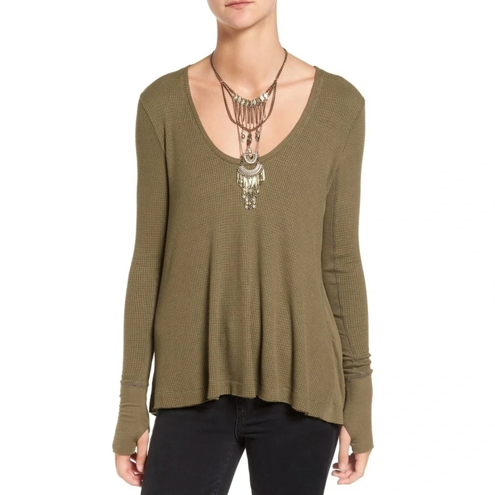 Free People Malibu Thermal Knit Top Army Green S